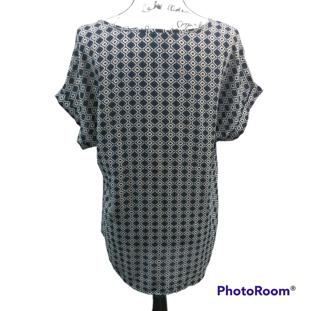 Pleione Black Blue Cuffed Sleeve Aztec Print Blouse Size M - Picture 2 of 7